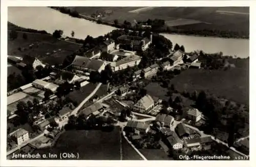 Ak Jettenbach am Inn Oberbayern, Fliegeraufnahme, Aerial view, Landschaft, Gebäude, Fluss