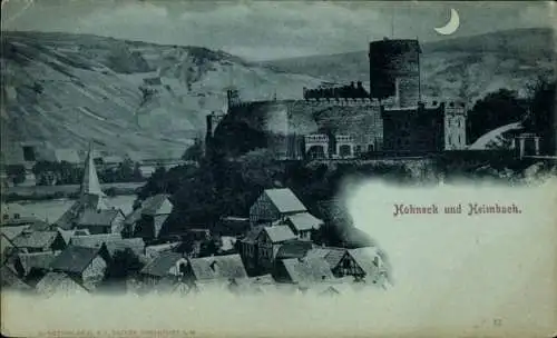 Mondschein Ak Niederheimbach am Rhein, Heimburg, Burg Hohneck