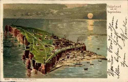 Künstler Litho Nordseeinsel Helgoland, Vogelschau