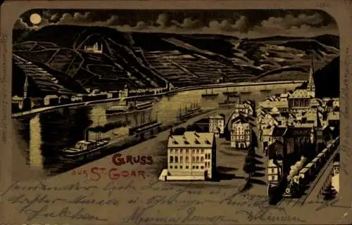 Mondschein Litho St. Goar am Rhein, Gesamtansicht
