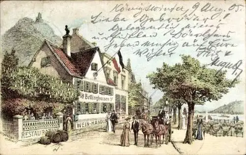 Litho Königswinter am Rhein, Weinhandlung und Restauration Bellinghausen, Kutsche