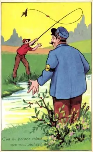 Künstler Ak C'est du poisson volant que vous pêchez? Humor