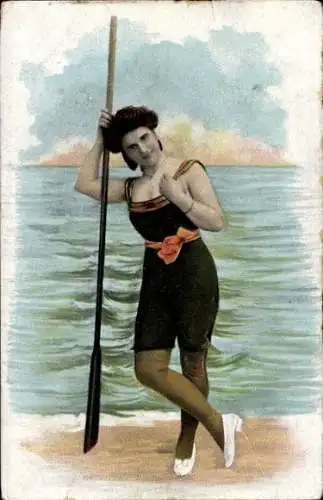 Ak Strand, Frau im Badeanzug, Bademode