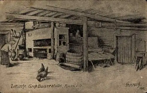 Künstler Ak Liersch, G., Lettische Groß Bauerstube, Russland