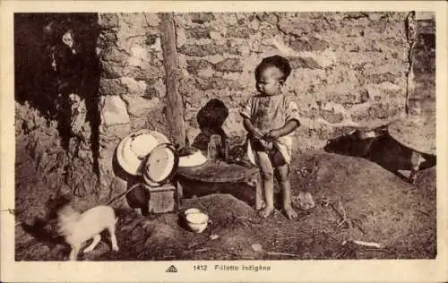 Ak Dubosville Tunesien, Indigenes Mädchen, Kochecke, Töpfe