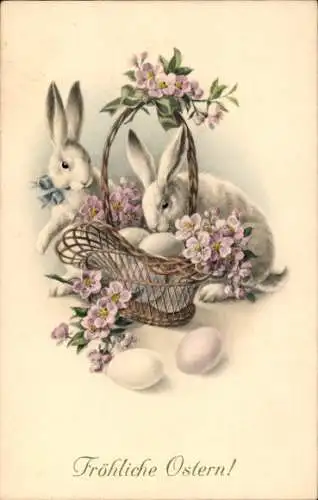 Ak Fröhliche Ostern, weiße Hasen mit Blumen am Korb