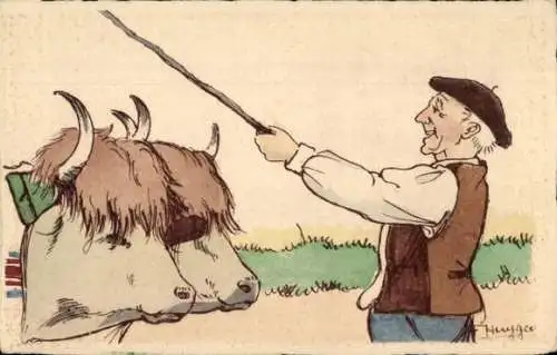Künstler Ak Baskenland, Bauer, Rinder