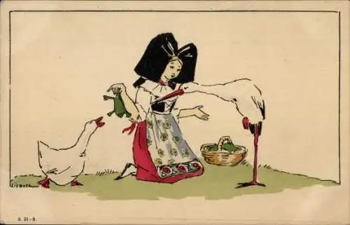 Künstler Ak Lisbeth, Mädchen in Elsässer Tracht, Storch, Gans, Frosch