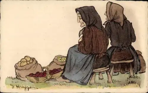 Künstler Ak  Zwei alte Frauen in traditionellen elsässischen Trachten auf dem Markt