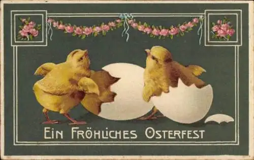 Präge Ak Glückwunsch Ostern, Küken, Eierschalen