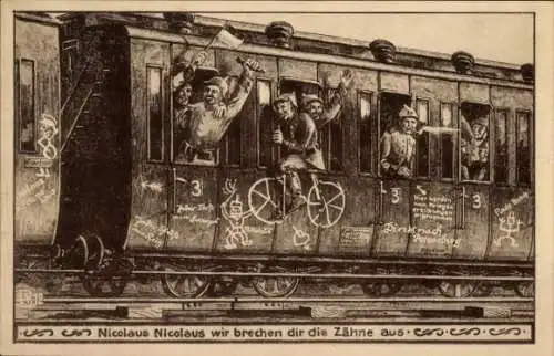 Ak Deutsche Soldaten im Zug, Nicolaus wir brechen dir die Zähne aus