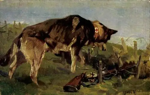 Künstler Ak v. d. Heide, J. W., Sanitätshund entdeckt in Wolfsgrube einen Verwundeten