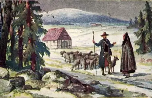 Künstler Ak Harz,  Schäfer mit Schafen und Hund, Fachwerkhaus