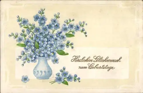 Präge Ak Glückwunsch zum Geburtstag, Blumenvase mit Vergissmeinnicht