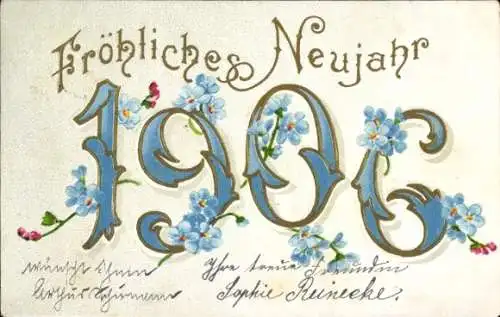 Ak Fröhliches Neujahr, Jahreszahl 1906, Vergissmeinnicht