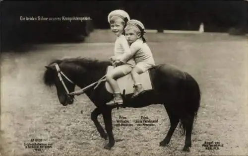 Ak Die beiden Söhne des Kronprinzenpaares, Prinz Wilhelm und Prinz Louis Ferdinand auf einem Pony