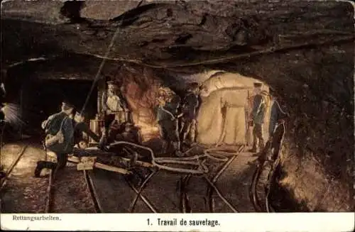 Ak Bergleute im Stollen, Bergbau, Rettungsarbeiten