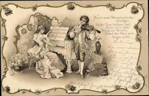 Litho Musizierendes Paar, Klavier, Geigenspieler