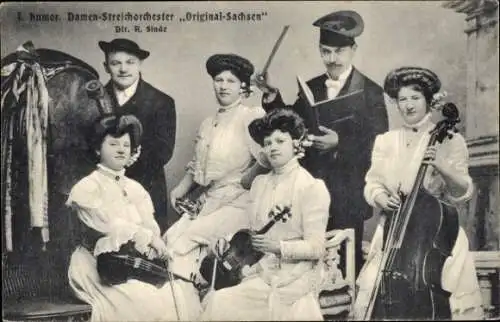 Ak I. Humor. Damen-Streichorchester Original-Sachsen, Direktor R. Sinde