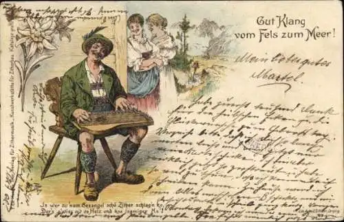 Künstler Litho, Thiele, Arth., Zither, Alpen, Edelweiß, Trachten