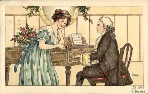 Künstler Ak Liebespaar, Mann spielt Klavier, Blumen