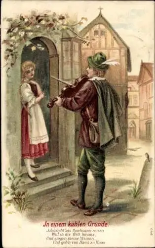 Präge Ak Liebespaar, Im kühlen Grunde, Mann spielt Geige, Geigenspieler