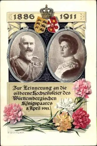 Künstler Ak Schnorr, König Wilhelm II v. Württemberg, Königin Charlotte, Silberhochzeit 1911, Wappen