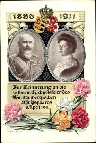 Künstler Ak Schnorr, König Wilhelm II v. Württemberg, Königin Charlotte, Silberhochzeit 1911, Wappen
