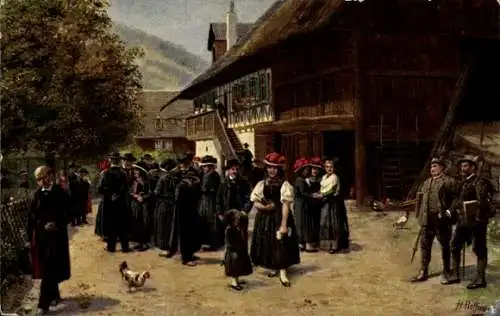 Künstler Ak Nach der Kirche, Schwarzwälder in Tracht versammelt
