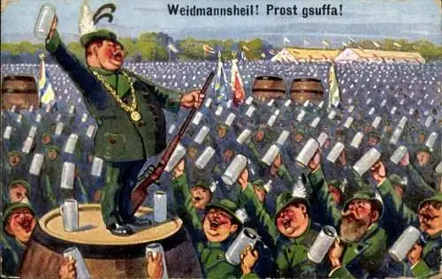 Künstler Ak Weidmannsheil, 1,2,3, Prost g'suffa, Jäger auf einem Bierfest