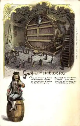 Ak Heidelberg am Neckar, Heidelberger Schloss, Zwerg Perkes, Menschen, große Fässer, historisc...