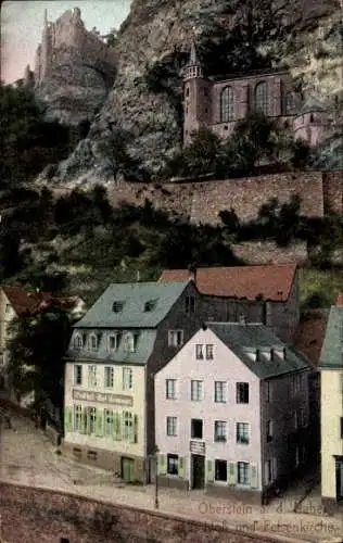 Ak Oberstein an der Nahe, Burg, Felsenkirche, Häuser am Fluss, farbige Darstellung