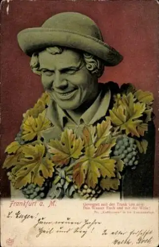 Ak Frankfurt am Main, Lächelnder Mann, Blumenkranz, Spruch über Trinken, historische Postkarte