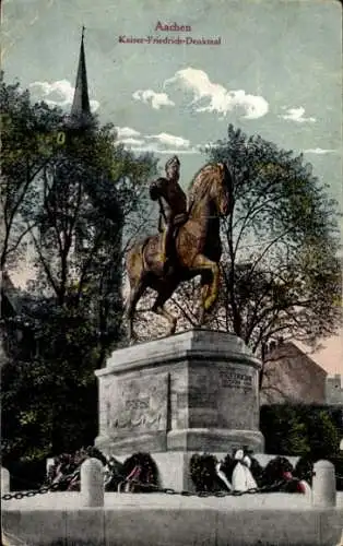 Ak Aachen, Kaiser-Friedrich-Denkmal, Reiterstatue, Bäume, Himmel