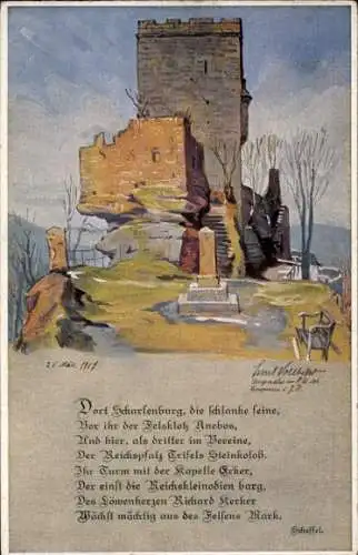 Künstler Ak Vollbehr, Ernst, Ruine Trifels, Bergfried, Reichskleinodienkapelle, Gedicht Scheffel