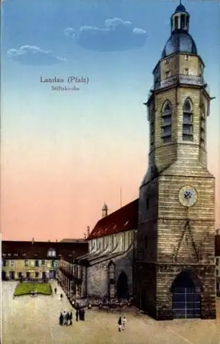 Ak Landau in der Pfalz, Stiftskirche, historische Gebäude, Personen im Vordergrund