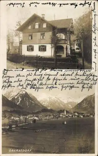 Ak Oberstdorf im Oberallgäu, Haus im Alpenstil, Blick auf die Berge, handgeschriebener Text