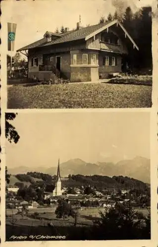 Ak Prien am Chiemsee Oberbayern, Postkarte mit einem Haus, Landschaft und Kirche, historische ...
