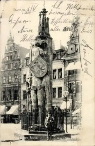 Ak Bremen, Statue Roland, historisches Gebäude, Stadtplatz, alte Postkarte