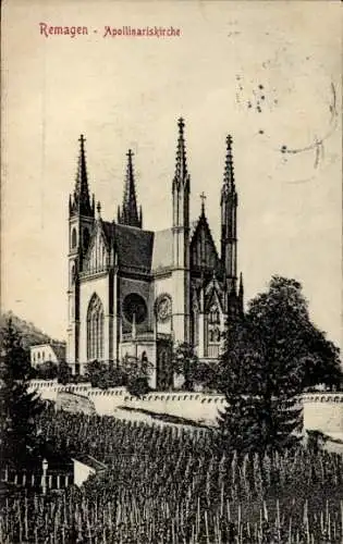 Ak Remagen am Rhein, Apollinariskirche, Weinberge, historische Gebäude, klare Abbildung