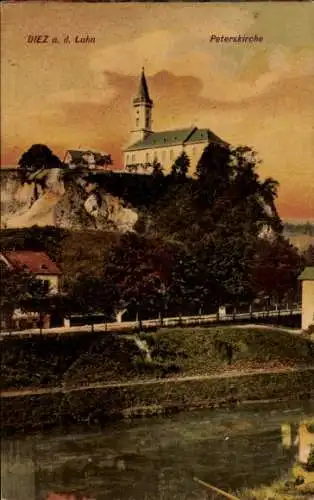 Ak Diez an der Lahn, Peterskirche, Landschaft, Fluss, Bäume, historische Architektur