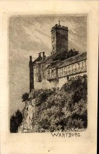Ak Lutherstadt Eisenach Thüringen, Hellthal, Historische Burg Wartburg, Zeichnung, Berghang, B...