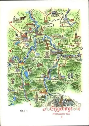 Landkarten Ak Erzgebirge, Lößnitz, Schneeberg, Zwönitz, Bockau, CSSR