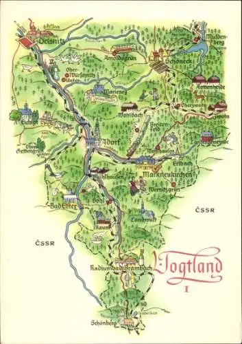 Landkarten Ak Vogtland, Oelsnitz, Adorf, Schöneck, CSSR