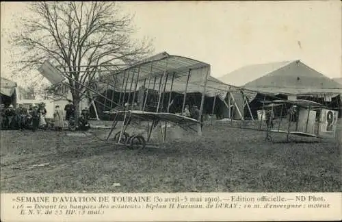 CPA Semaine d'aviation de Touraine, 30 avril-5 mai 1910, biplan H. Fatman