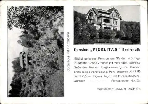Ak Bad Herrenalb im Schwarzwald, Pension FIDELITAS, Gartenhaus, große Zimmer, fließendes Wasser, 
