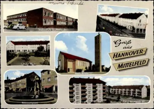Ak Mittelfeld Hannover in Niedersachsen, Volksschule Beuthener Straße, Katholische Kirche
