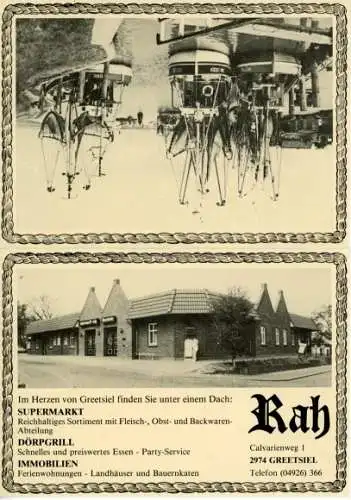 Klapp Ak Greetsiel Krummhörn in Ostfriesland, Supermarkt, Dörpgrill, Ferienwohnungen, Hafen