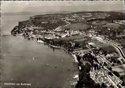 Ak Hagnau am Bodensee, Luftaufnahme von Hagnau, Bodensee, schöner Ausblick, Campingplatz sichtbar