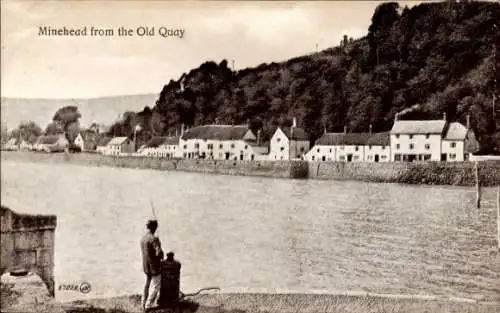 Ak Minehead South West England, Blick auf Minehead vom Alten Kai, Angler, Häuserreihe
